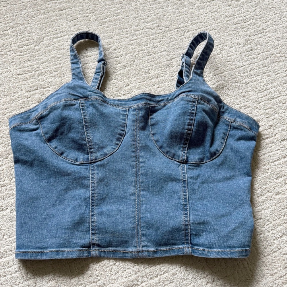Madden‎ NYC Denim Bustier Crop Top Medium Wash Blue Smocked Back XL Y2K Festival